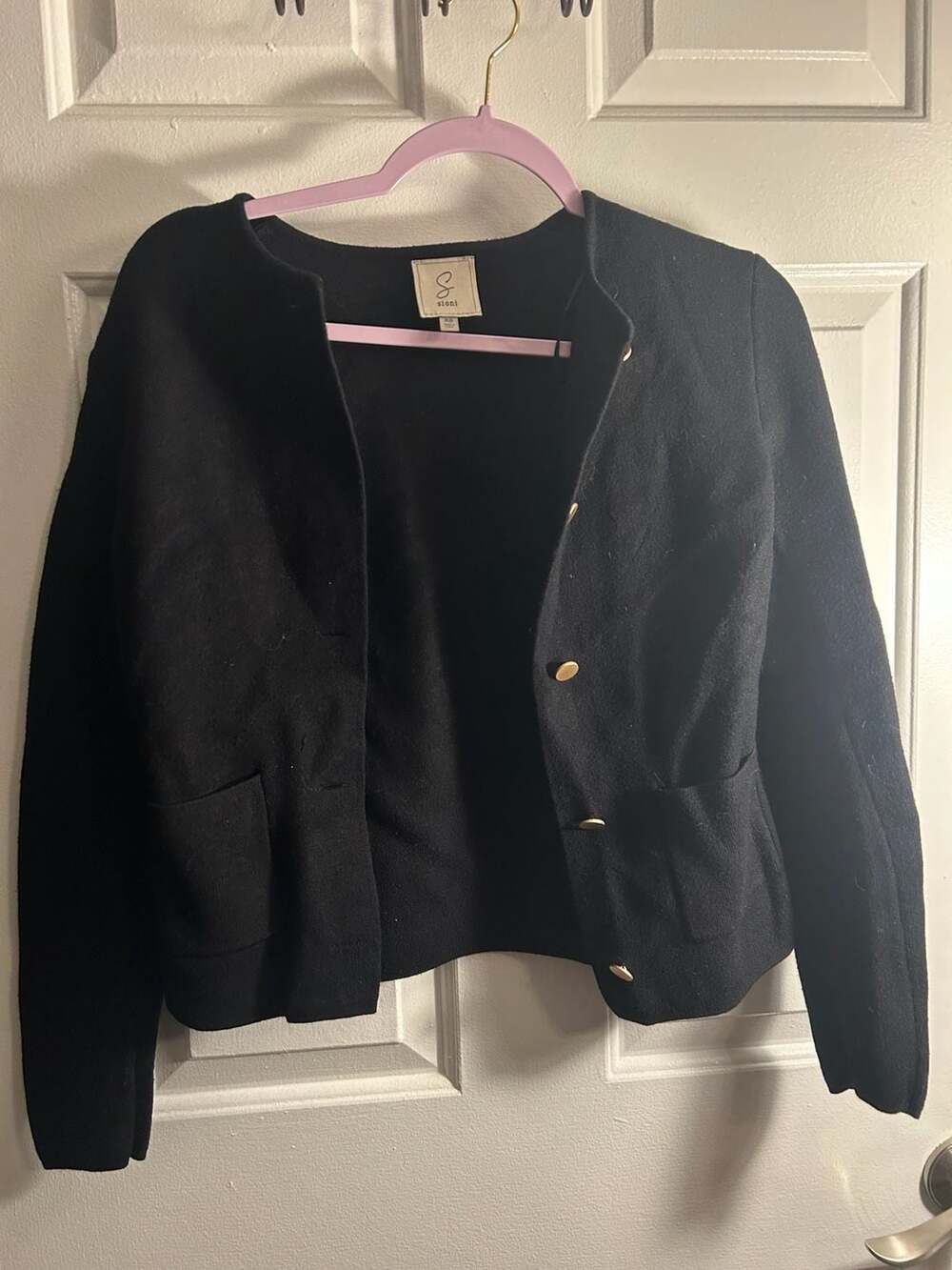 Sioni Black Crew Neck Button Up Cardigan Sweater with Patch Pockets Size XS